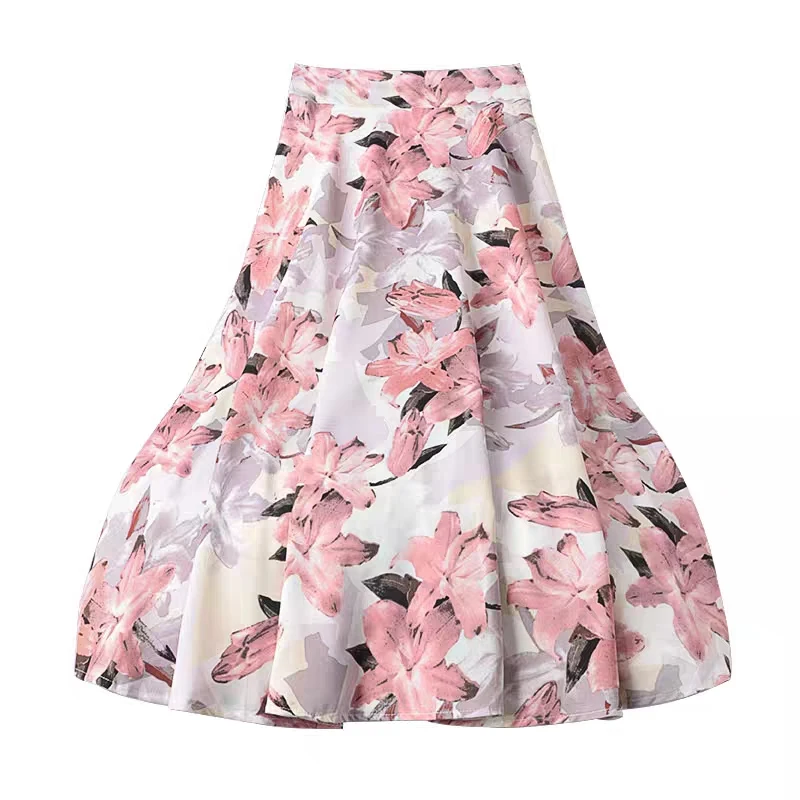 

Summer Mid-calf Midi Skirt Women Flower Print A-line Stylish Skirts Elastic Waist Loose Slim Elegant Umbrella Skirts Female