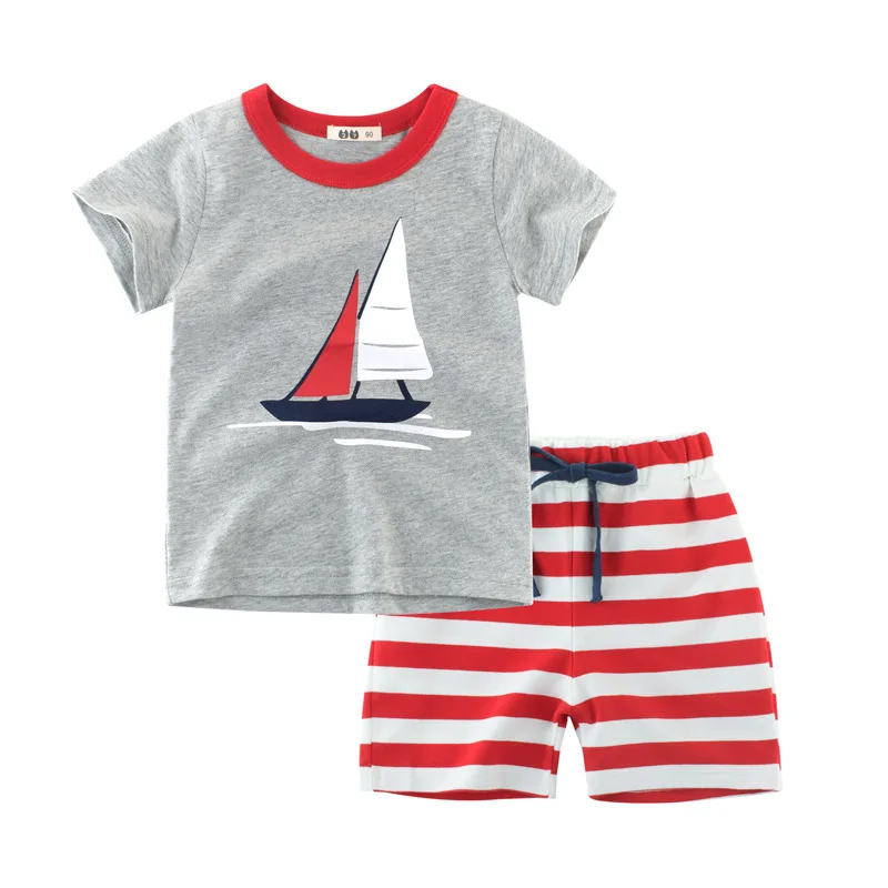 Kids Set Summer Leisure Two-piece Suit Sailboat Car Aircraft Boy Cartoon Pullover Short Sleeve Stripe Pants Children Sportswear | Детская