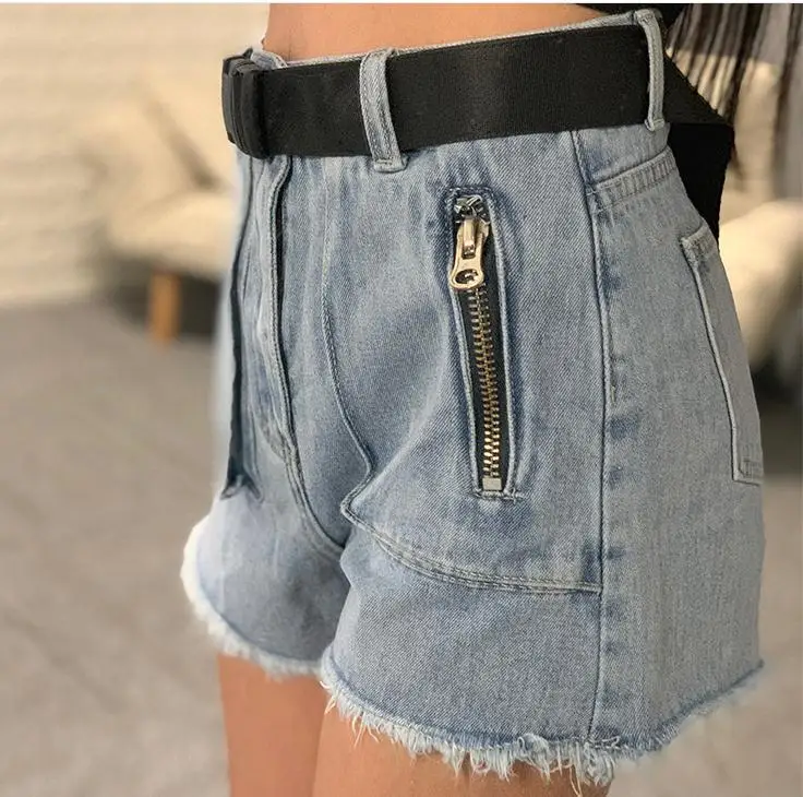 Черный/светильник синий женские джинсовые шорты с бахромой высокая талия
