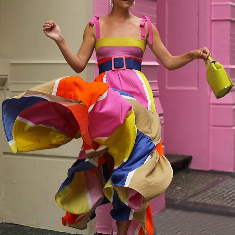 Женское летнее платье в разноцветную полоску повседневные Лоскутные