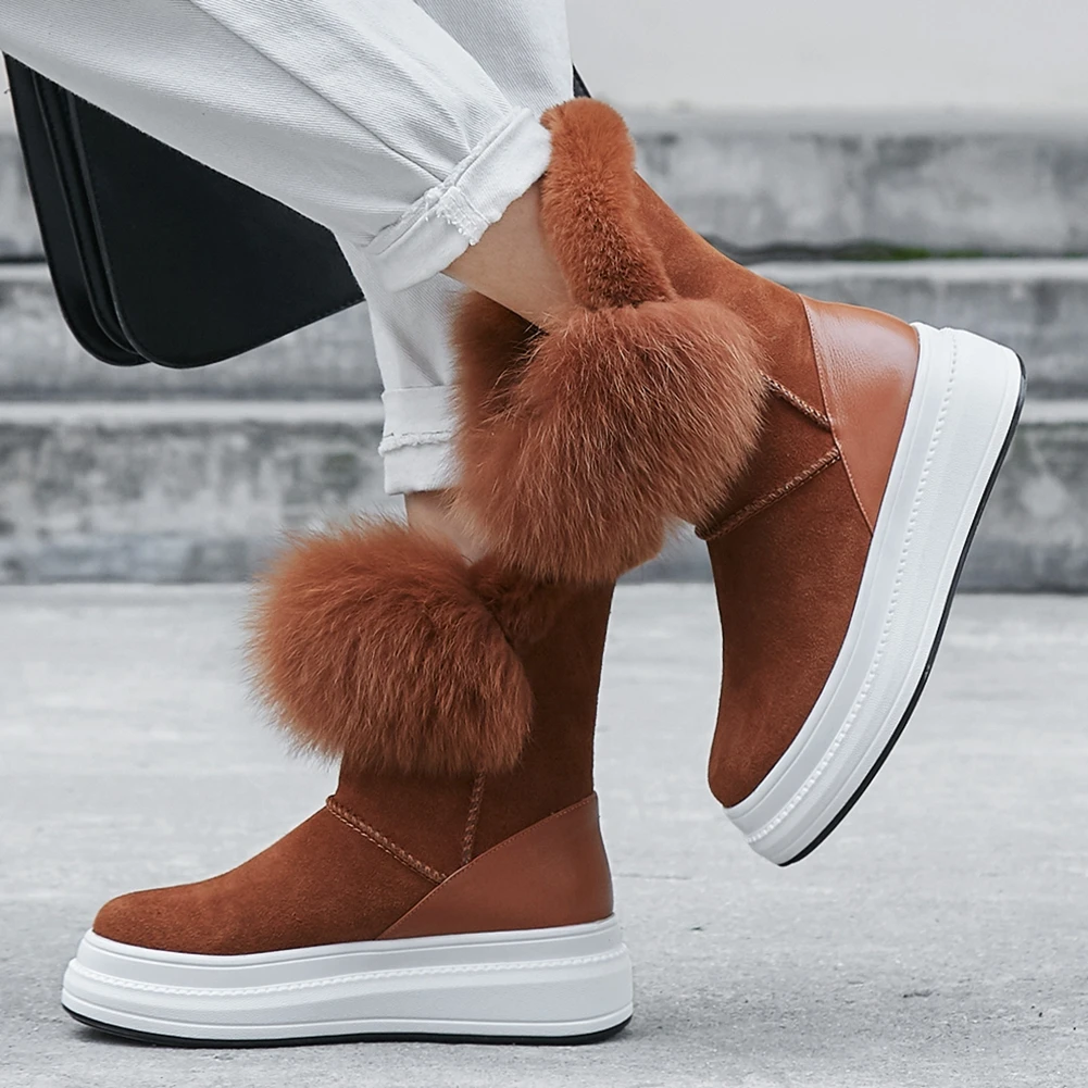 

BONJOMARISA New Chic Winter Shoes Boots Women Leisure Genuine Leather Keep Warm Fur Cosy Flat With Slip On Snow Boot
