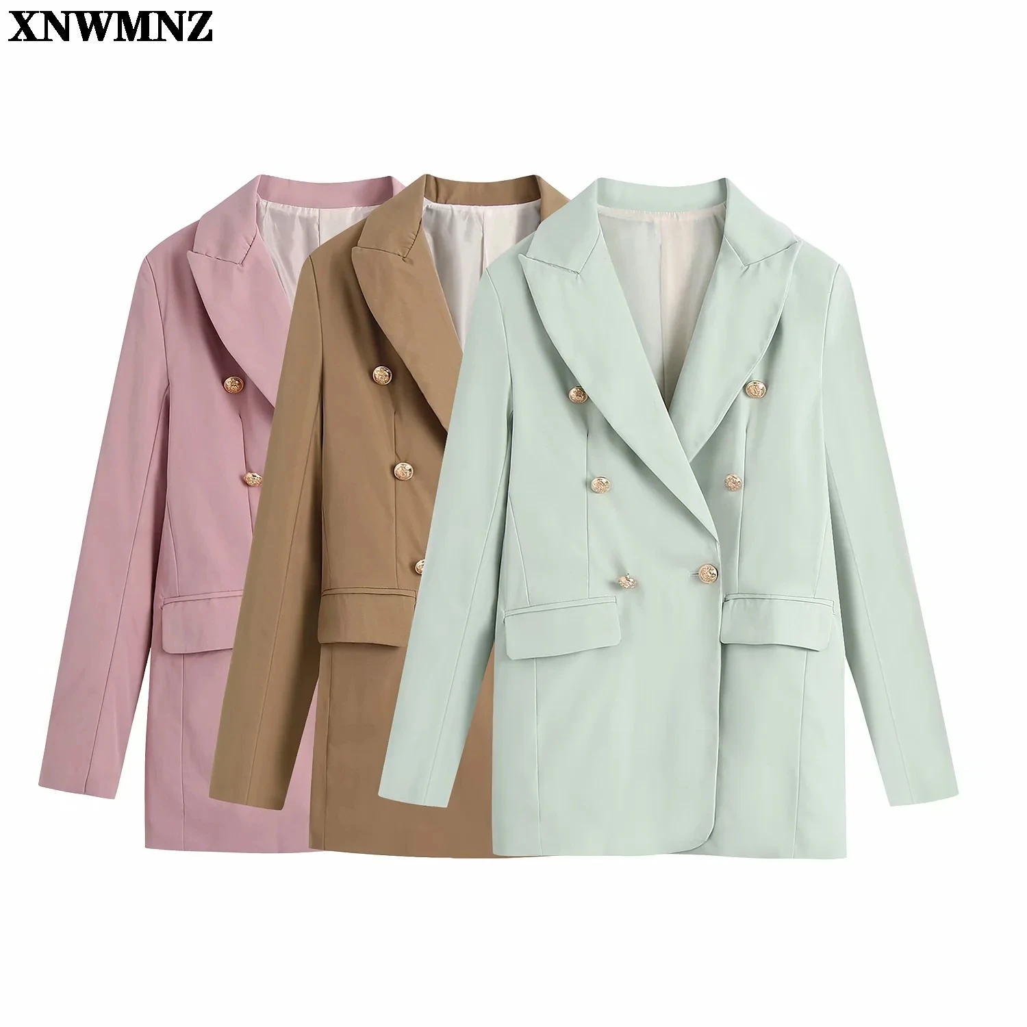 

XNWMNZ 2021 Spring women OL Office casual coat Double Breasted lapel Suits jacket Long Sleeve Outerwear pocket decorative Blazer