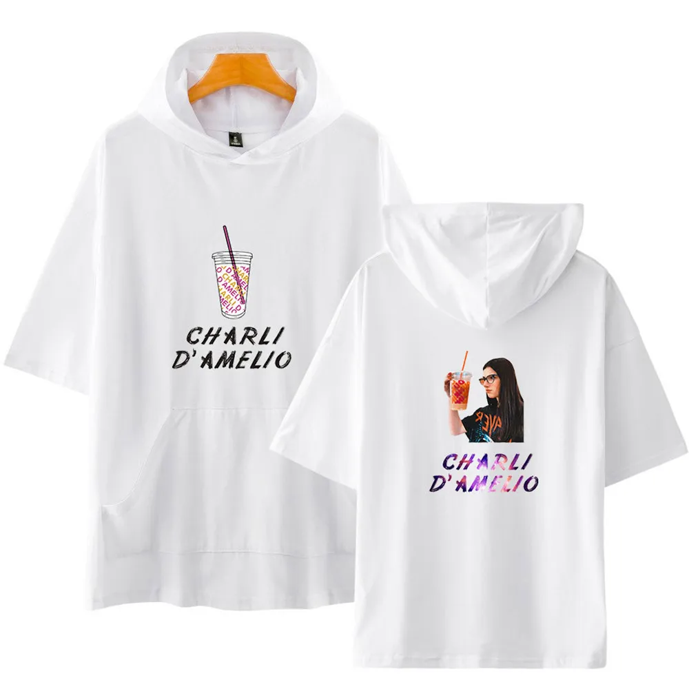 

Charli Damelio Hooded T-shirt O-Neck Short Sleeve Charli DAmelio Ice Coffee Splash Harajuku Graphic Unisex T-shirt Men Women