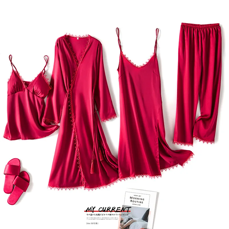 Весенняя женская одежда для сна из ледяного шелка платье четырех частей брюки