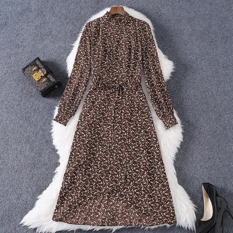 

2021 Spring Women's Clothes New Long Sleeve Stand Collar Floral Chiffon Dress High Waist Slimming Retro Long Dress Woman Dress