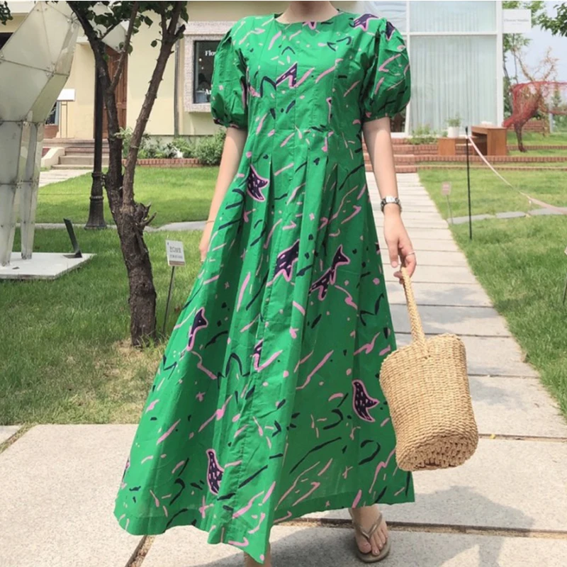 

Женское длинное платье с принтом, Повседневное платье большого размера с круглым вырезом и высокой талией, с пышными рукавами, в Корейском с...