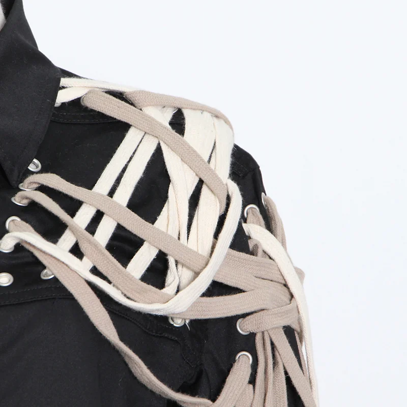 

TWOTWINSTYLE Bandage Lace Up Jacket For Women Lapel Long Sleeve Casual Loose Black Coat Female 2020 Fall Fashion New Clothing