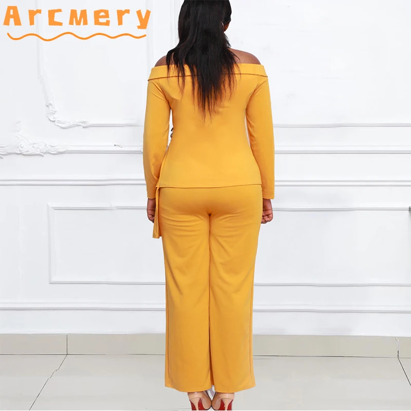 

2 Pieces Pants Sets Women Off Shoulder Long Sleeve Top & Wide Leg Pants