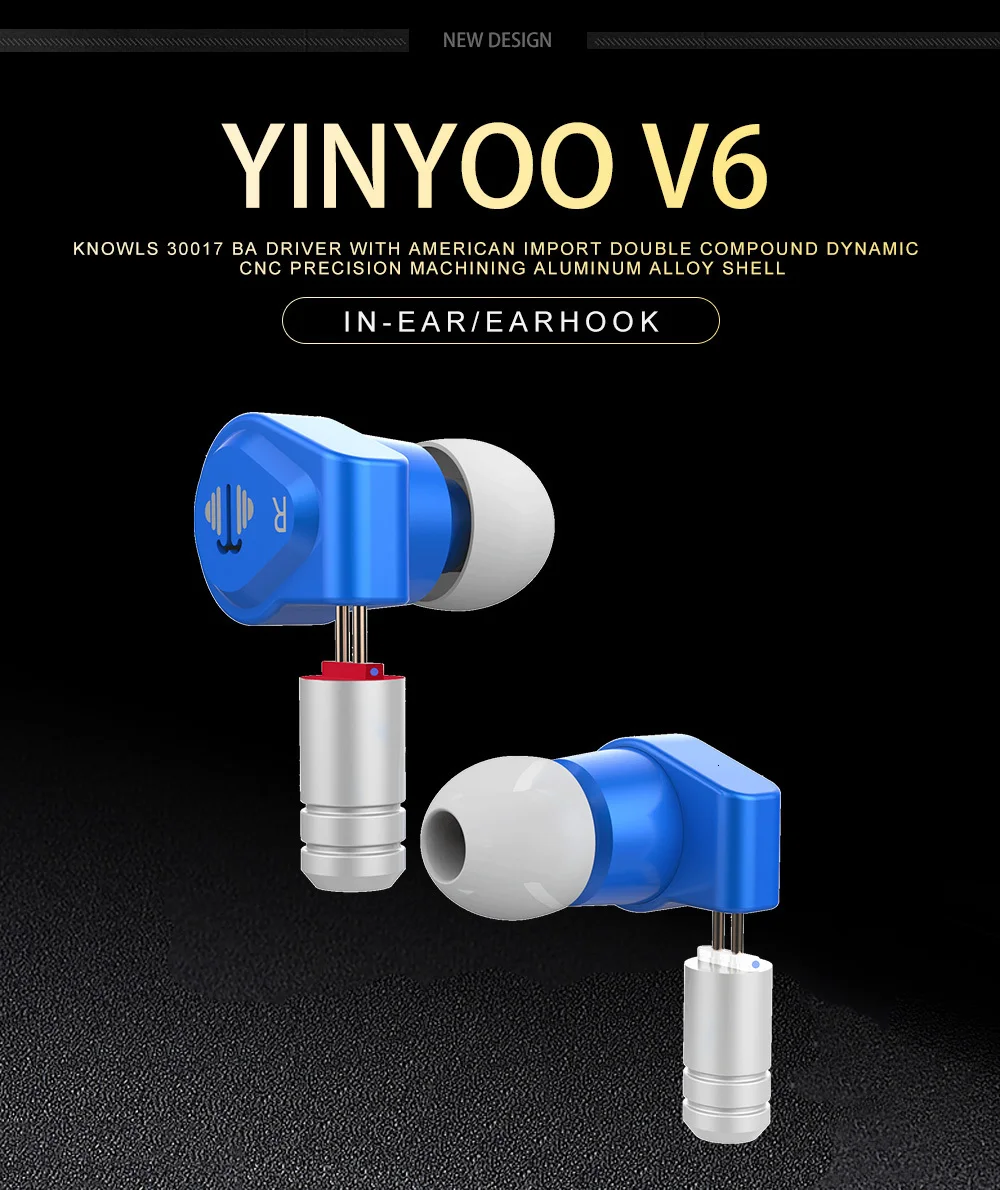 Yinyoo V6 2BA+ 1DD гибридные наушники в ухо ноулс BA драйвер HIFI DJ монитор наушники ушные наушники гарнитура с 2PIN съемный кабель V2