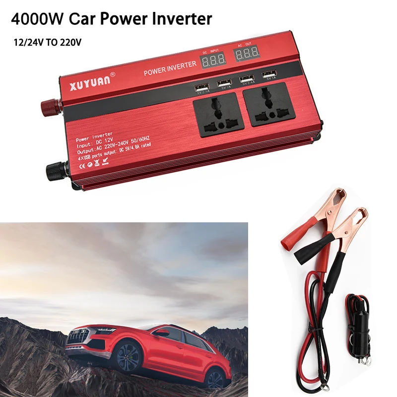 

4000W Car Power Inveter 12/24V to 220V Universal Car Inverter LCD Digital Display with 4 USB Ports Voltage Convertor Transformer