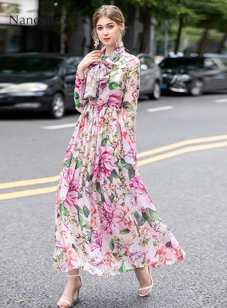 

Holiday Seaside Maxi Long Dress Women Large Flower Print V-neck with Scarf Pleated Ladies Bohemian Dresses 2021 Female Outfits