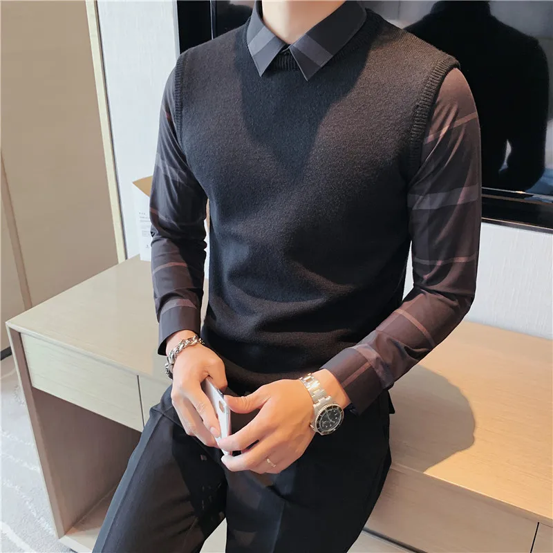 

Autumn Winter New Fashion Fake-2Pieces Plaid Shirt Spliced Pullovers Sweater Men Clothing Slim Fit Business Casual Pull Homme