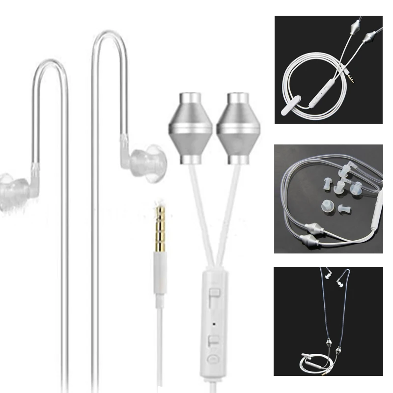 3 5mm binaural air tube earphone anti radiation noise cancelling with microphone transparent vacuum headset free global shipping