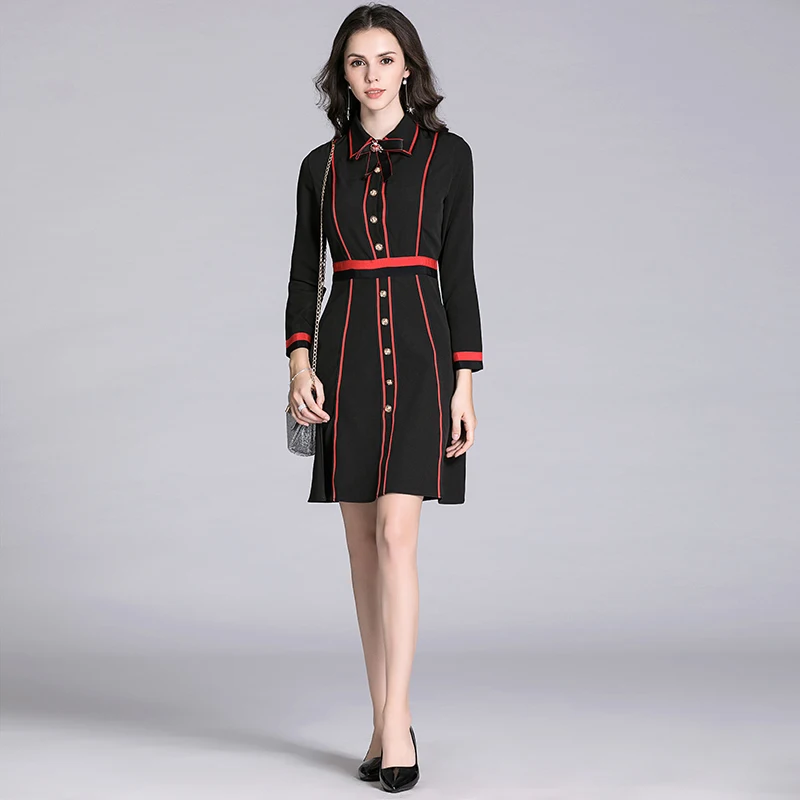 

New Elegant Vintage Fashion Women Slim Tunic Black Dress Office Lady Long Sleeve Dresses Clothing