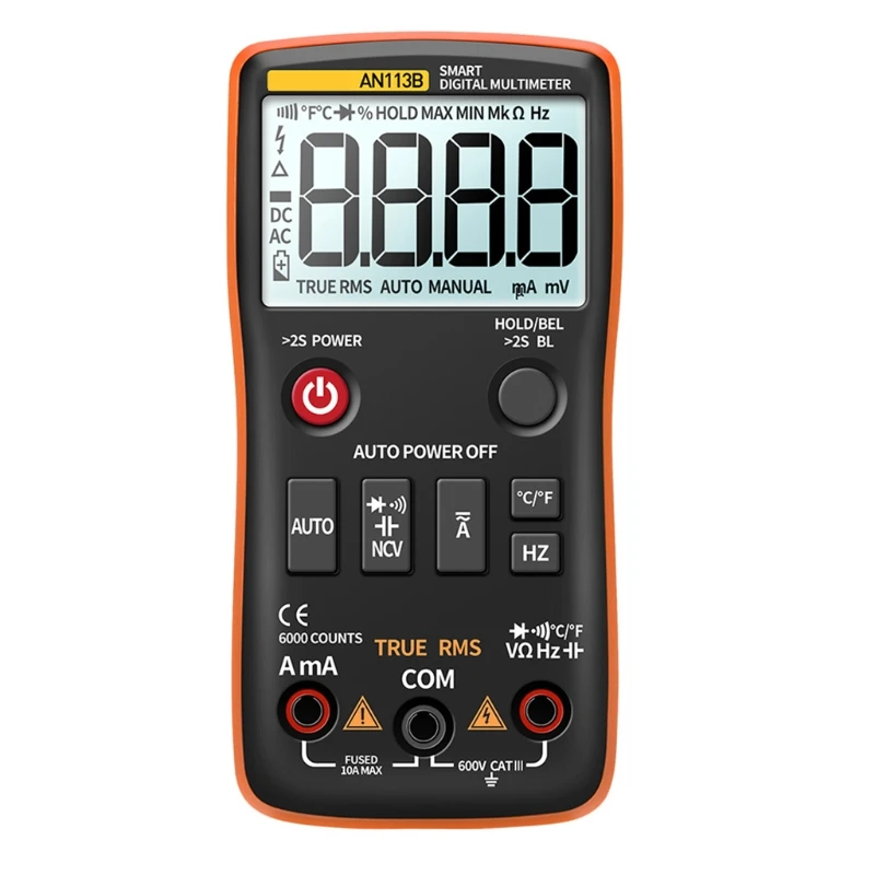 

AN113B Digital Multimeter with Temperature Tester 6000 Counts Auto-Ranging AC/DC Transistor Voltage Meter True RMS