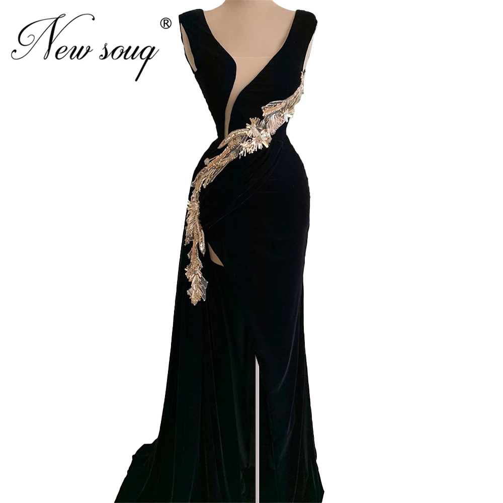 

African Black Velvet Evening Dress Deep V Prom Dresses Beaded Party Gown Robe Soiree Saudi Arabic 2020 Evening Wear For Weddings
