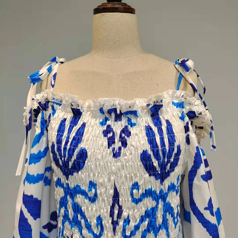 

Ruched Sling Dresses For Women Slash Neck Lantern Long Sleeve High Waist Print Patchwork Lace Dress Female Fashion