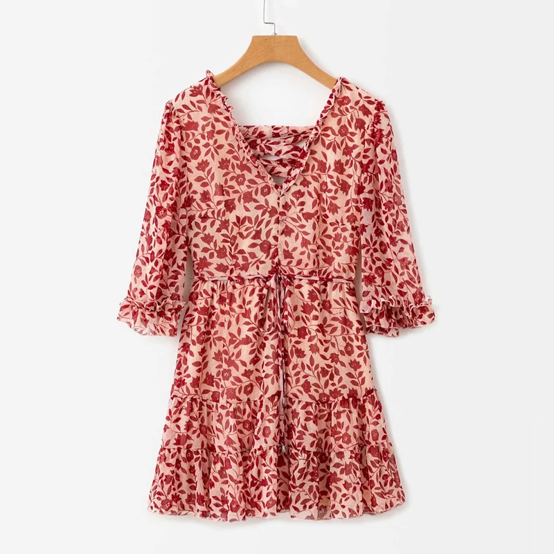 Летнее шифоновое платье с v образным вырезом и принтом трапециевидной формы со