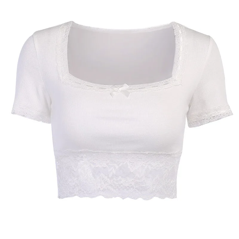 

Women Lace Laced Crop Tops Short Sleeve Square Collar Lace Pullover Summer Sexy Solid Color Slim Short Top Vest Clothes