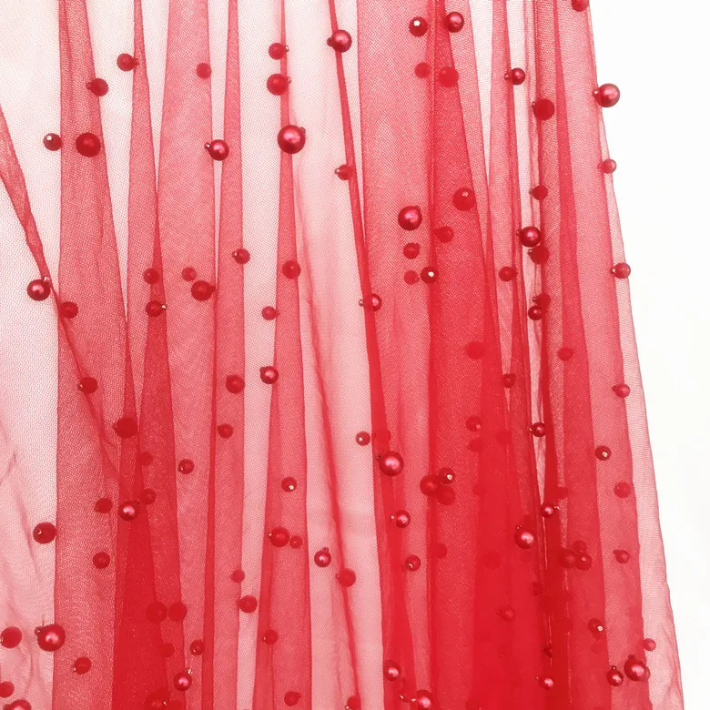 Red 1 yard 1 ярд/лот рулон кружева Роскошная ткань Off-white Цвет для свадебной вуали, платья большой+ маленький жемчуг Чистая Тюлевая сетчатая кружевная ткань белый - Цвет: Red 1 yard