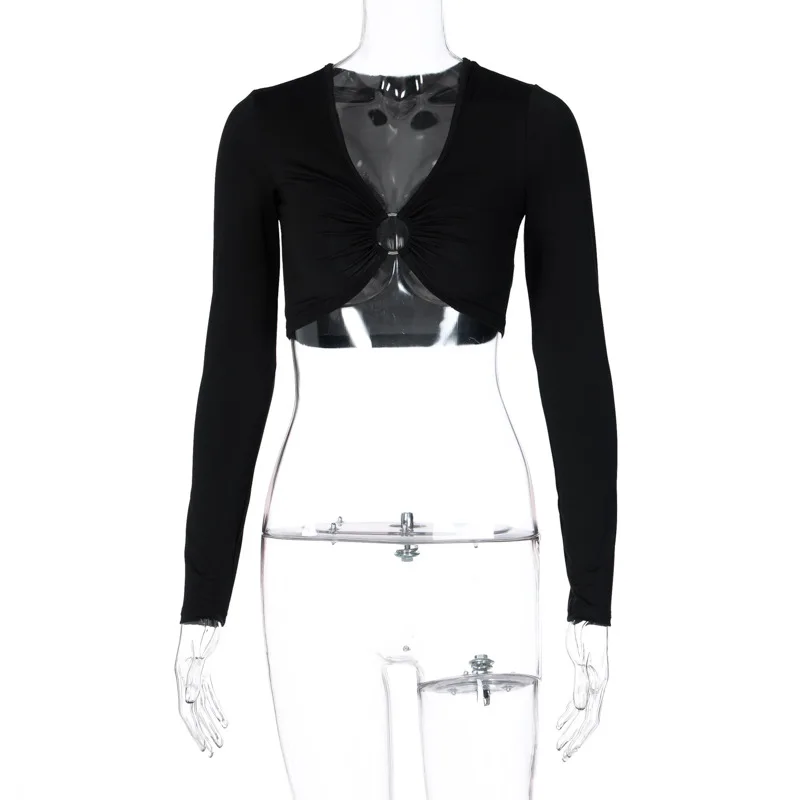 

2021 spring new women's sexy ring hollow top long sleeve navel T-shirt