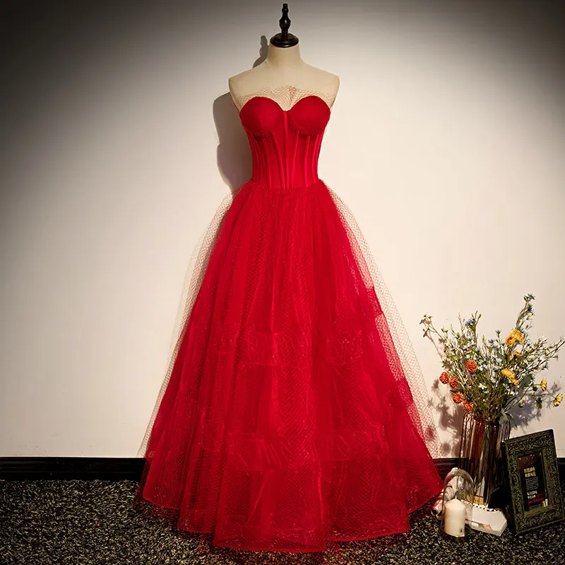 Красное вечернее платье с открытой спиной, без рукавов, в пол, без бретелек, плиссированное ТРАПЕЦИЕВИДНОЕ Тюлевое платье для вечерние, B1339