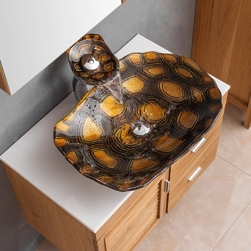 Смеситель для раковины в ванную комнату кран из закаленного стекла с рисунком