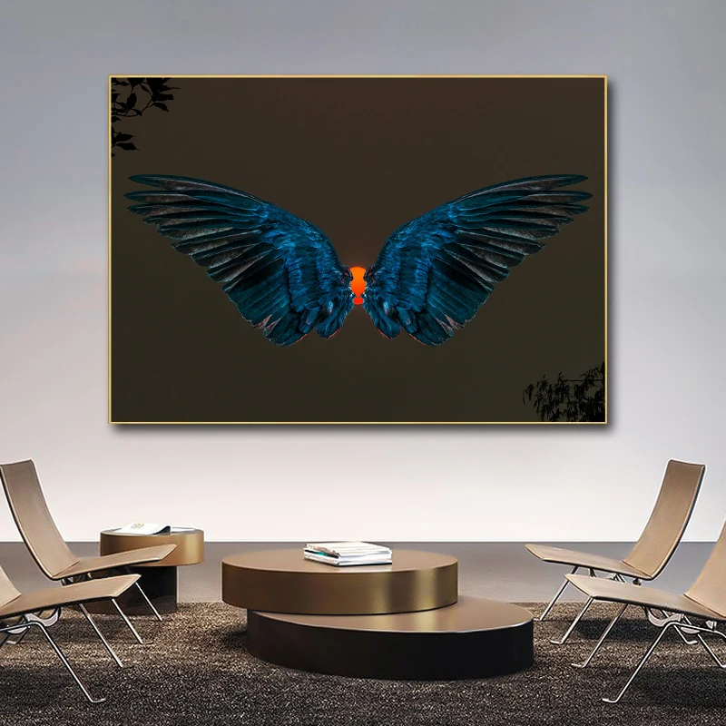 

Black and White Angel Wings Canvas Painting Blue Feather Poster and Prints Wall Art Pictures for Living Room Home Decor Cuadros