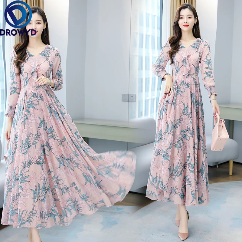 

Women Boho Long Dress Autumn 2021 New Office Lady Print Full Sleeve Chiffon Embroidery High Waist V-Neck Green Pink Party Dress