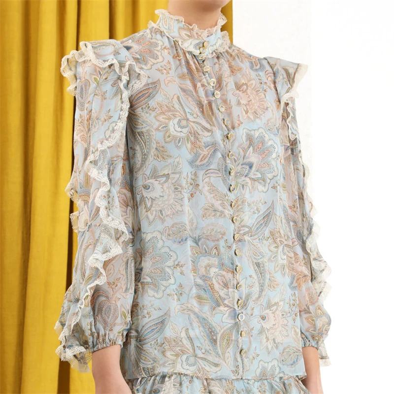 

2021 Spring New Women's French Floral Long Sleeve Chiffon Shirt Stitching Lace Ruffled Buttons Blouse Perspective Tops