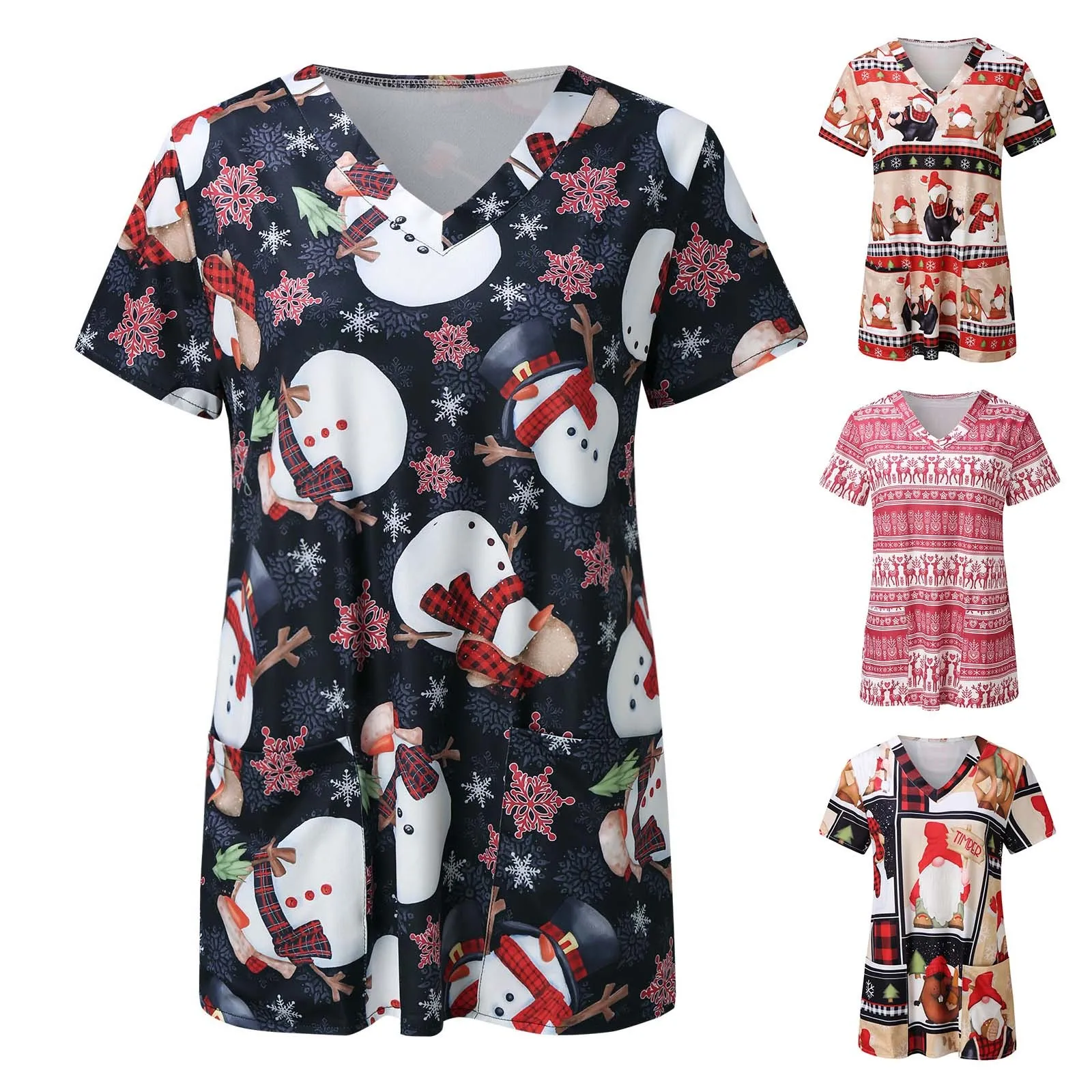 

Gnome Print Christmas Nursing Tops Women Printed Short Sleeve Beauty Working Uniform T-Shirts V Neck Pocket Pet Scrubs Costume