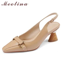 meotina genuine leather slingback shoes round toe strange style heel pumps metal decoration buckle ladies footwear apricot 33 40
