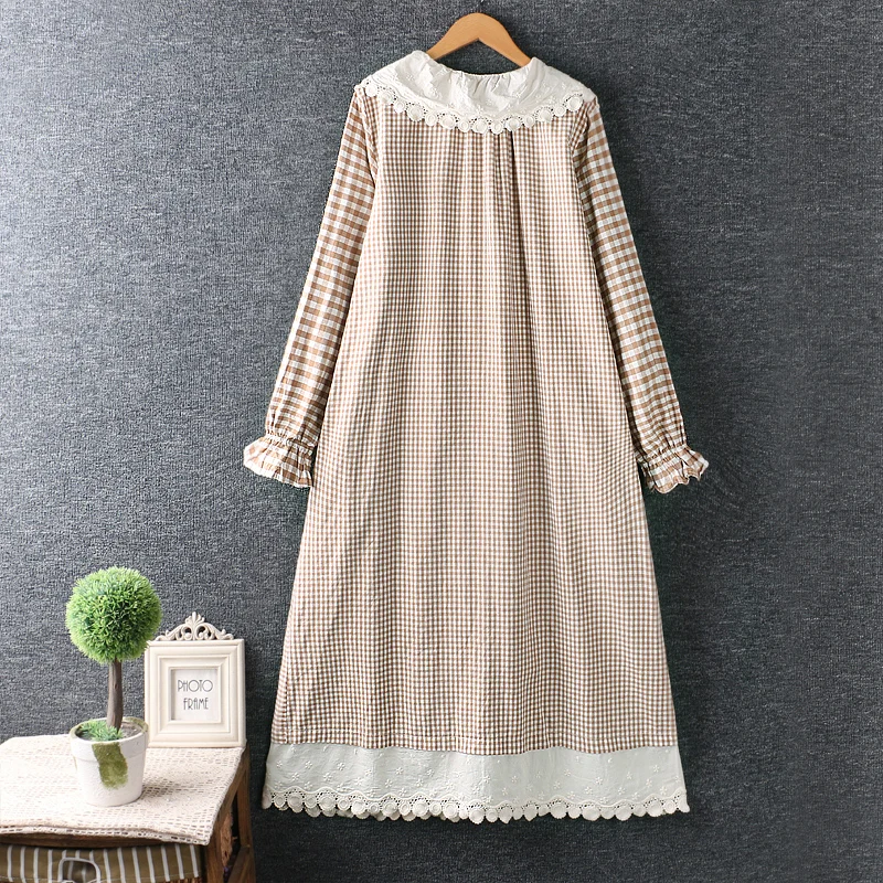 

Spring New Women'S Clothing Art Small Fresh Embroidery Big Lapel Plaid Cotton Linen Long Lace Loose Dress