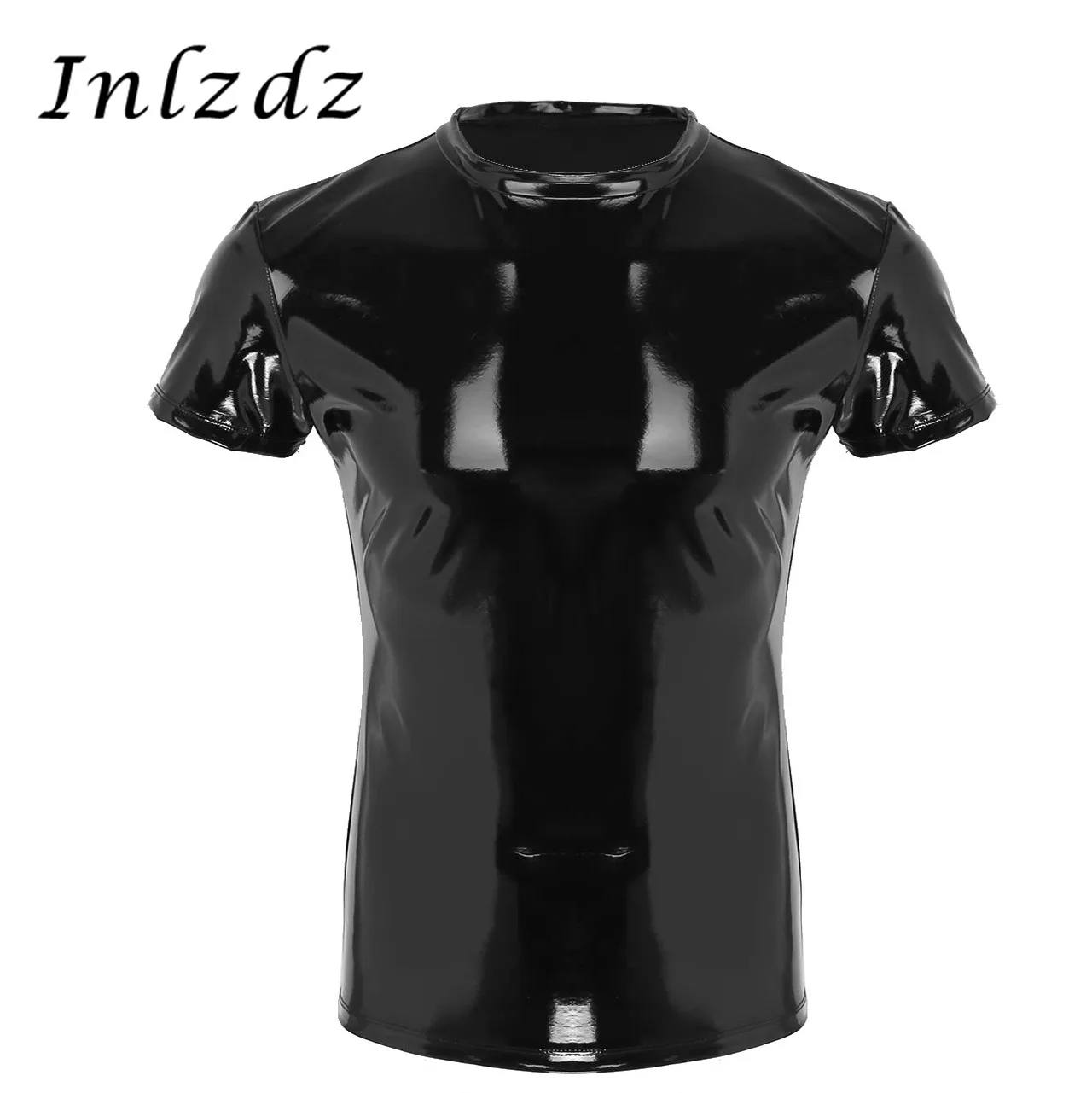 

Mens Latex T-Shirt Wetlook Faux Leather Shirt Top Short Sleeve Round Neck Shirt Stage Costume Clubwear Male Muscle Tight T-shirt