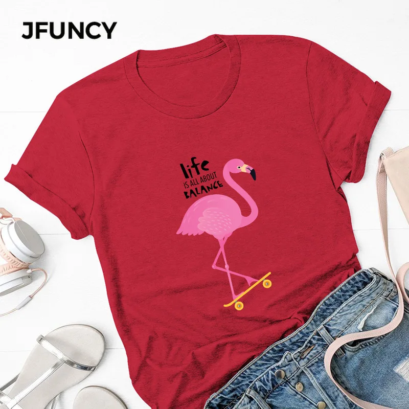 Женская хлопковая Футболка JFUNCY розовая футболка с принтом фламинго и в стиле