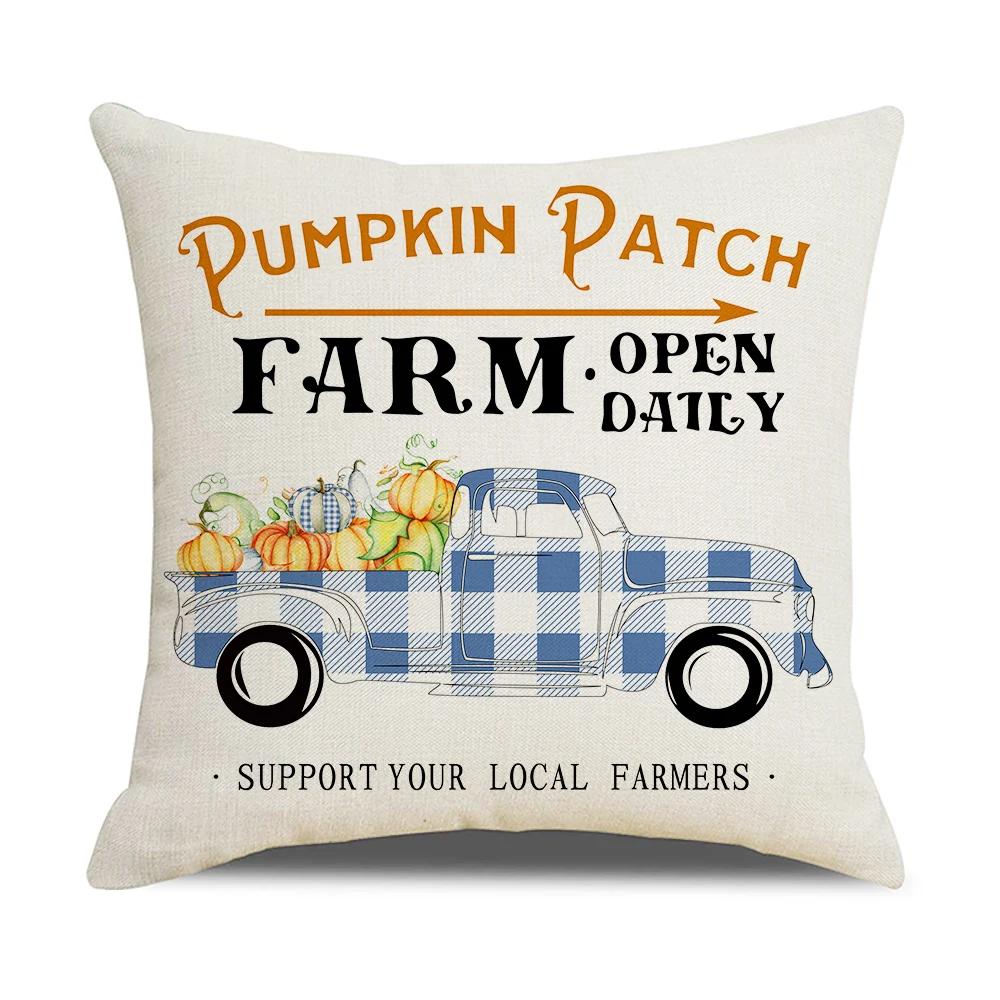 Fall Pumpkin Cushion Covers 18x18 Inch Farmhouse Decor Thanksgiving Buffalo Check Linen Throw Pillow Covers Happy Thanksgiving