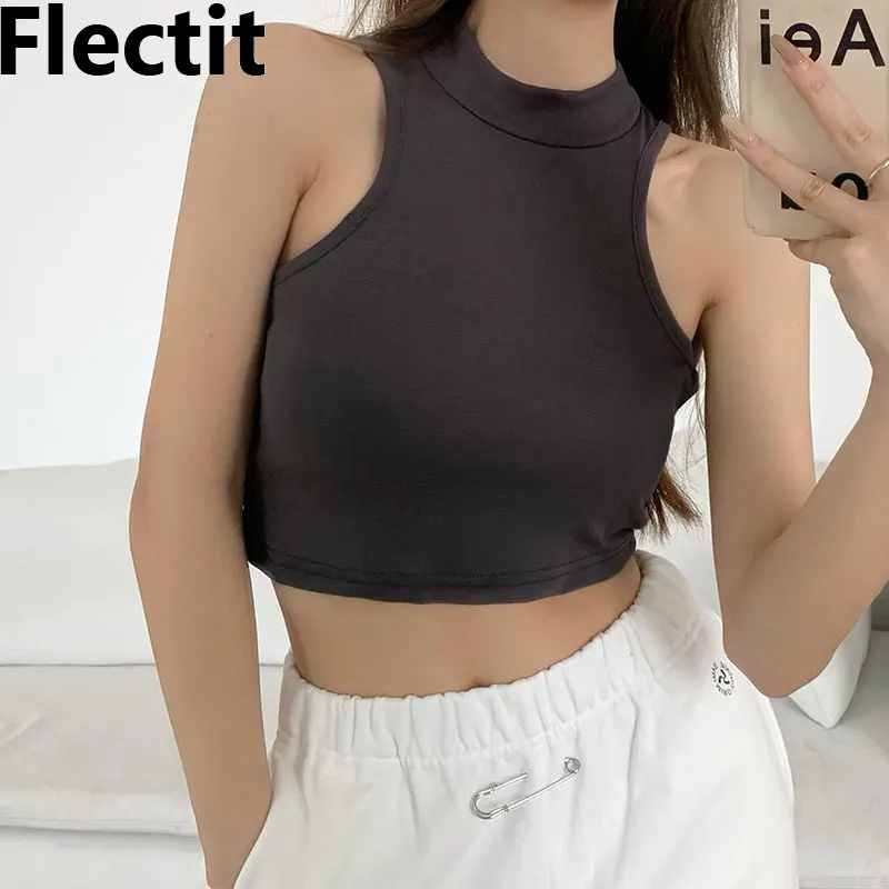 

Flectit Womens Halter Top Cotton Stand-Up Collar Skinny Fit Sleeveless Crop Top Casual Outfit