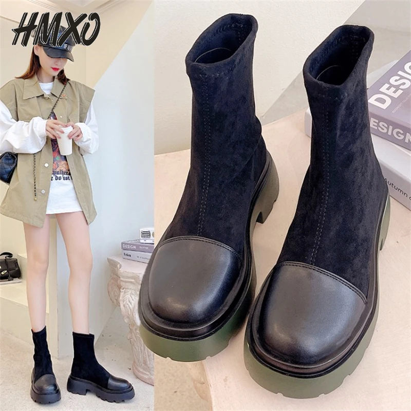 

HMXO Chelsea Boots Women's British Style Women's Boots Stitching Single Boots Women's Flat-bottomed Round Toe Motorcycle Boots