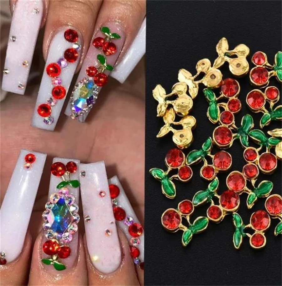 

Cute 3D Cherry Shape Nail Art Rhinestone Crystal Cherries Leaves Press On Tips Acrylic Jewelry Acce Nail Charms Cherry