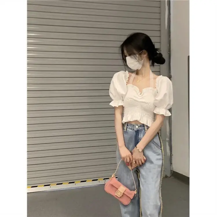 Kawaii кружевная Милая футболка на бретельках с пышными рукавами белый топ