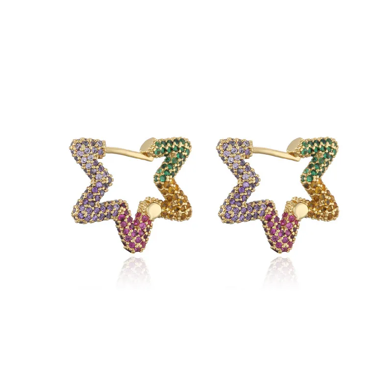 Женские серьги-кольца с фианитами золотистые серьги закрепкой в форме звезды