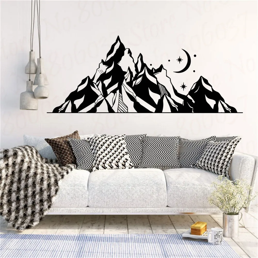 

Mountains Wall Decal Landscape Moon Star Art Nature Wall Stickers Bedroom Decoration Abstract Geometric Adventure Mural WL1171