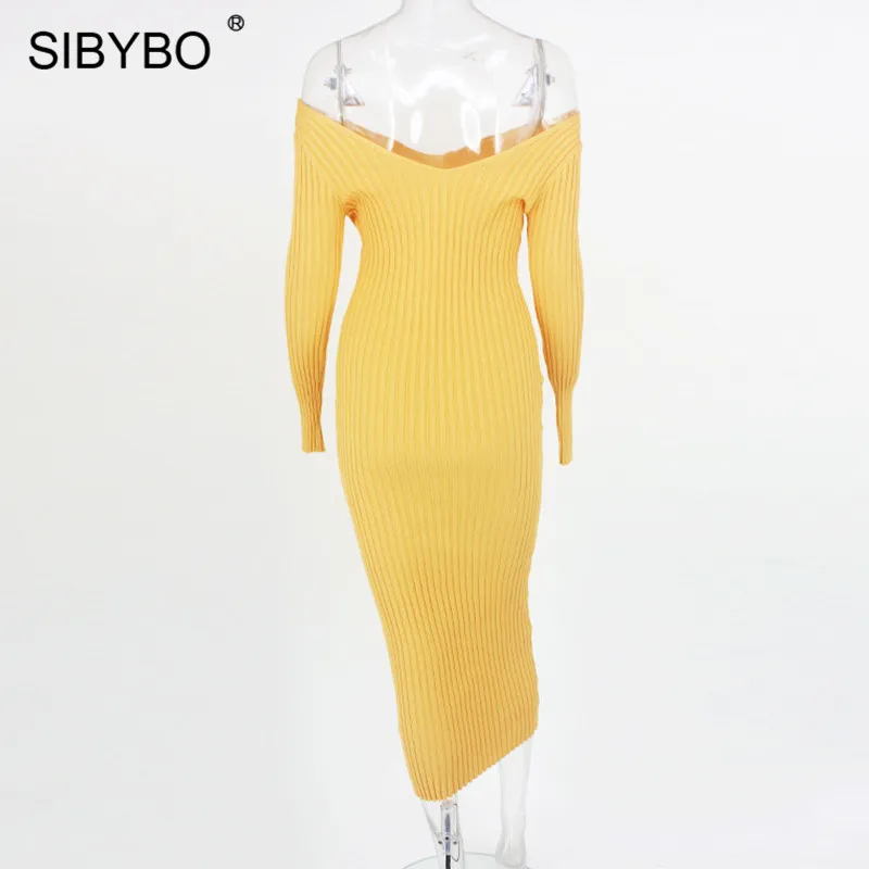 SIBYBO, зимнее трикотажное хлопковое платье в рубчик, женское сексуальное облегающее платье с открытыми плечами и длинным рукавом, однотонные вечерние платья с открытой спиной