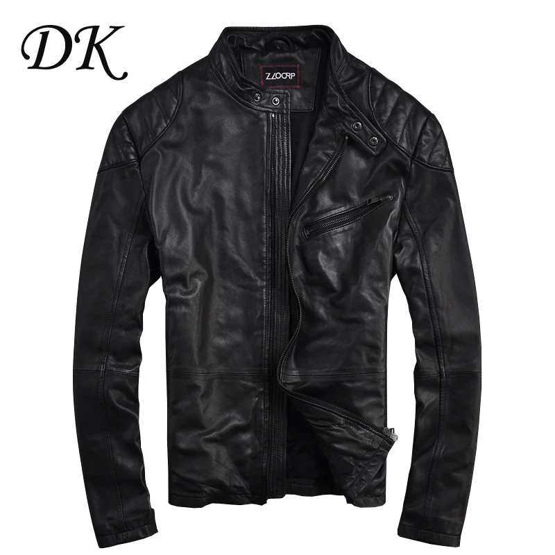 

Новинка 2016, мужская кожаная короткая куртка из овчины с узким воротником, трендовая мужская куртка