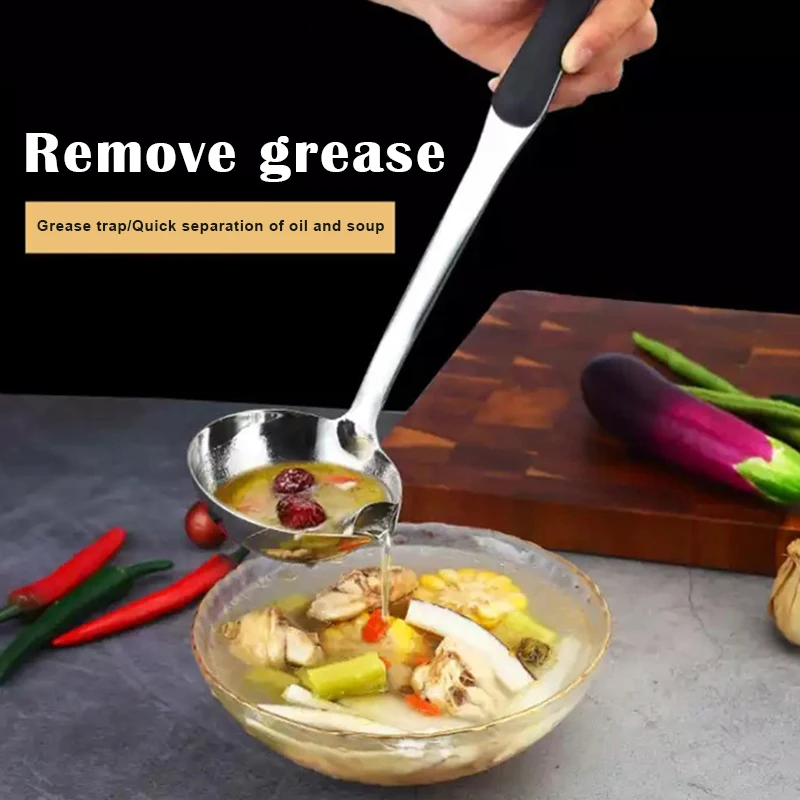 

Stainless Steel Soup Fat Oil Separator Ladle with Heat Insulation Anti-scalding Plastic Handle Kitchen Supplies RERI889