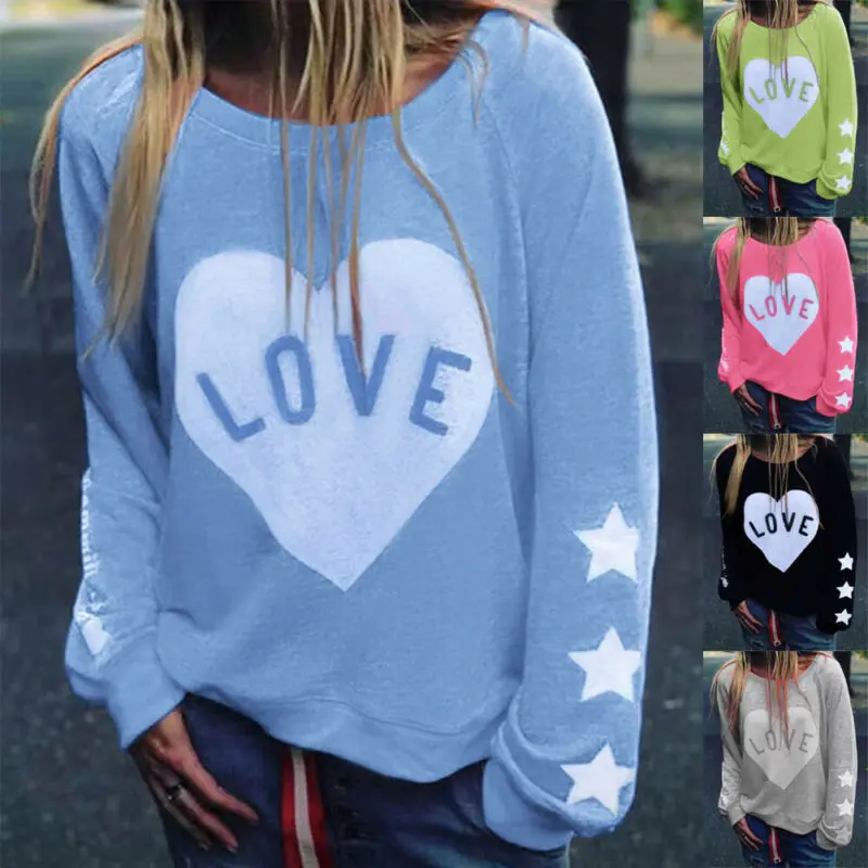 Пуловер женский с круглым вырезом свитшот длинным рукавом и принтом сердечек