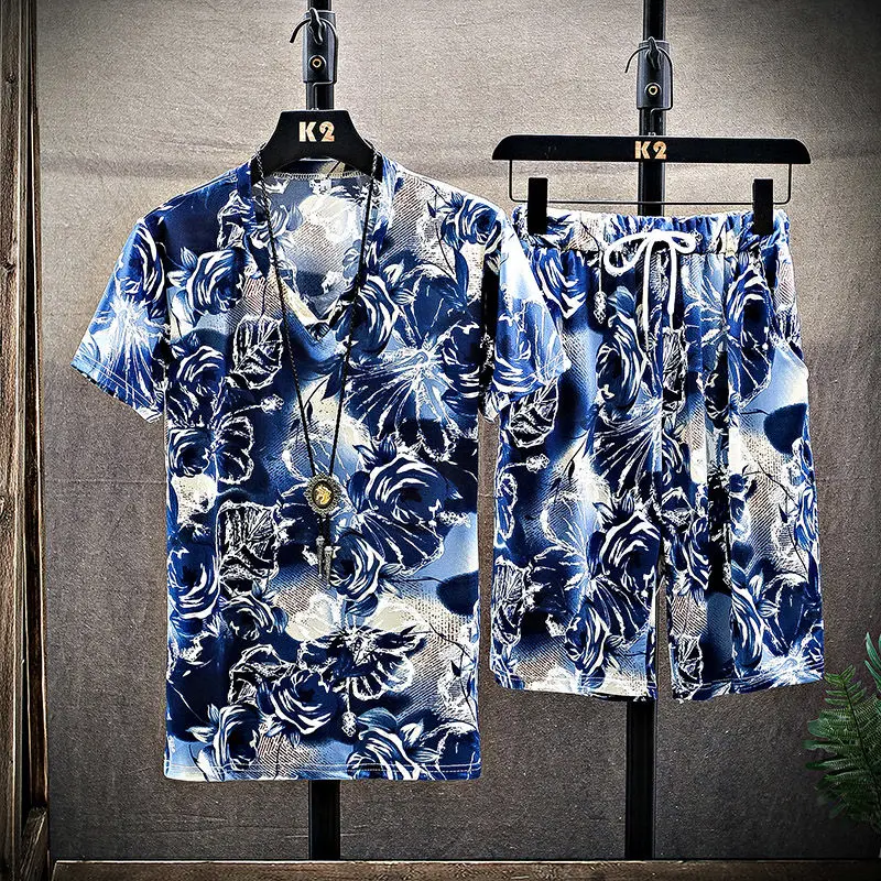 

Summer ice silk short sleeve suit casual young and middle-aged T-shirt Korean fashion shorts two-piece set