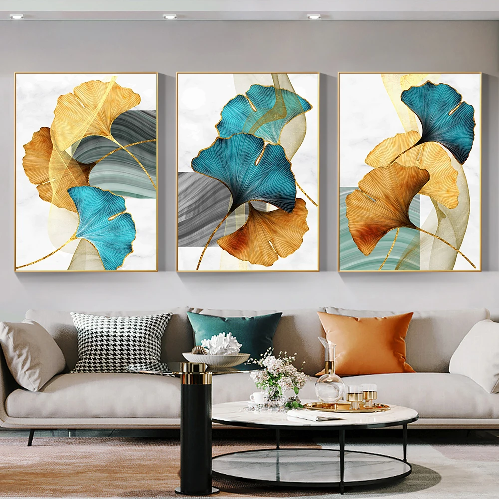 

3panel Blue And Yellow Ginkgo Leaves Canvas Printing And Poster Abstract Wall Art For Room Decor Nordic Landscape Wall Painting