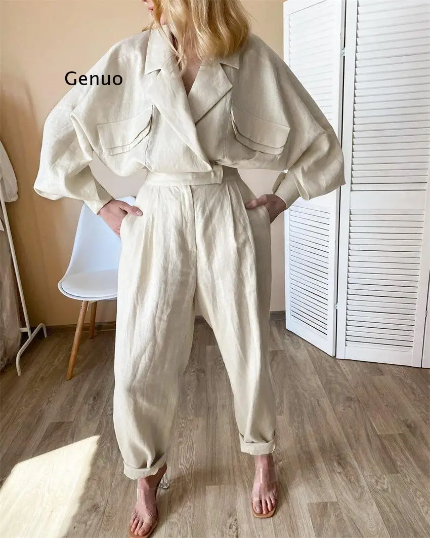Lady Cotton Linen 2 Piece Set Women Long Sleeve Notched Double Breasted Jacket and Long Pant Set Casual Outfits