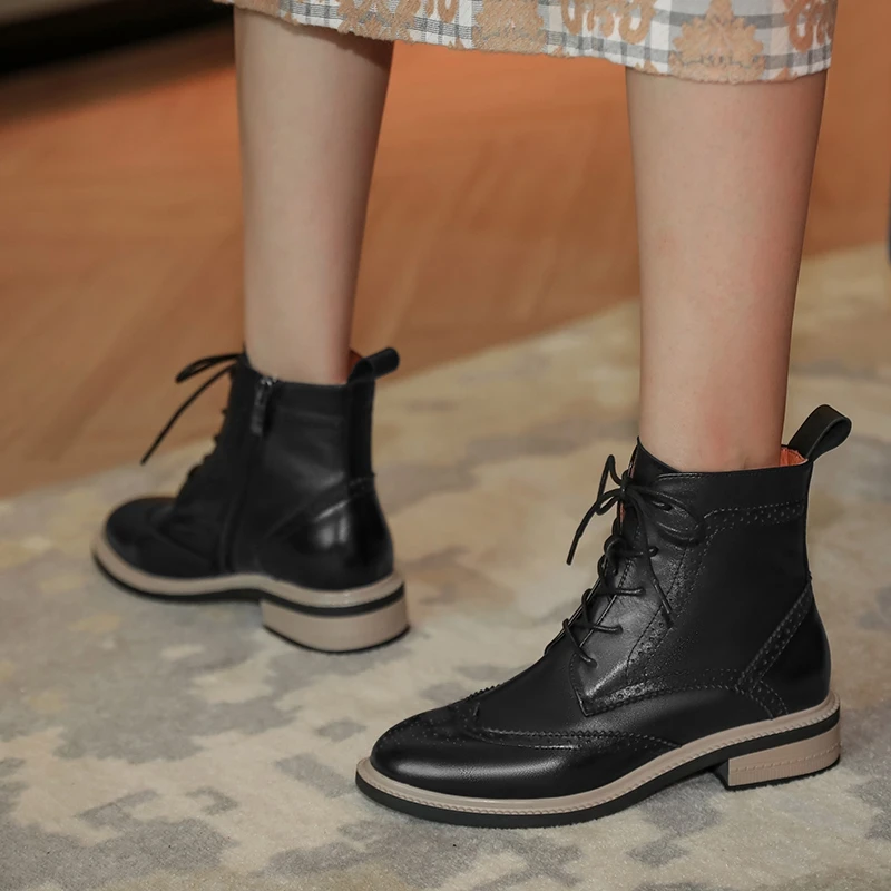 spesifikasi Sepatu Bot Wanita Ritsleting Berenda Potongan Musim Semi/Musim Gugur Sepatu Bot Martin Kulit Asli Baru Dengan Ujung Bundar Flat Dengan Sepatu Med(3Cm-5Cm) Mikrofiber